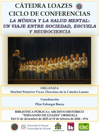 Orihuela, evento: Conferencia 'Explorando la A de 'STEAM': El poder sanador de la educación artística' en el ciclo de conferencias 'La música y la salud mental: Un viaje entre sociedad, escuela y neurociencia', dentro de los actos de la Biblioteca Pública y Archivo Histórico ‘Fernando de Loazes’