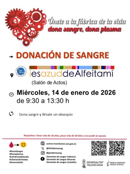Almoradí, evento: Donación de sangre, organizada por el Centro de Transfusiones de la Comunidad Valenciana y el IES Azud de Alfeitamí