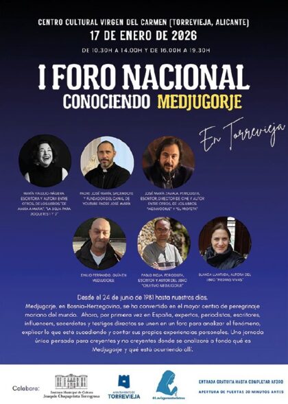 Torrevieja, evento: I Foro Nacional 'Conociendo Medjugorje' para analizar el centro de peregrinaje mariano, dentro de la programación cultural para el primer cuatrimestre de 2026 organizada por la Concejalía de Cultura