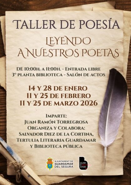 Guardamar del Segura, evento: Taller de poesía 'Leyendo a nuestros poetas', por Juan Ramón Torregrosa, dentro de la agenda municipal de diciembre del Ayuntamiento
