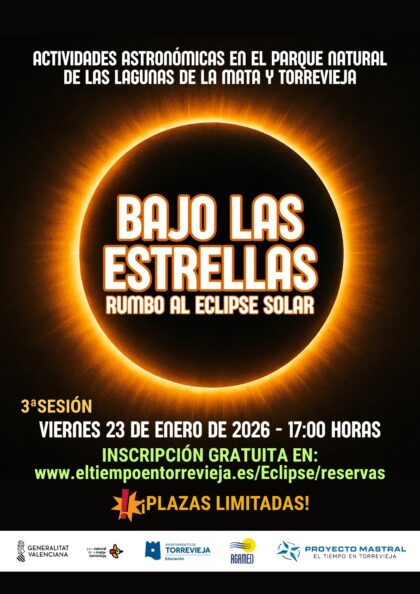 Torrevieja, evento: Actividad astronómica para todos los públicos 'Bajo las estrellas. Rumbo al eclipse solar', organizada por el Proyecto Mastral y el Parque Natural Lagunas de La Mata-Torrevieja