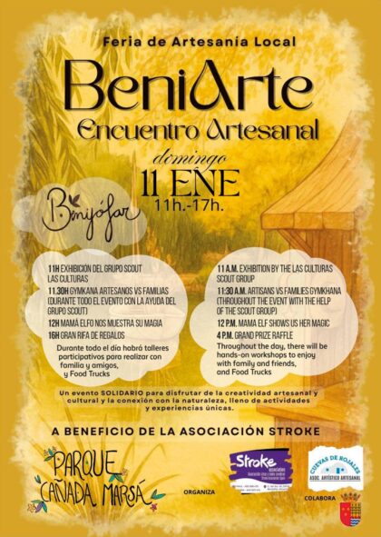 Benijófar, evento: Encuentro artesanal solidario 'BeniArte' con feria de artesanía local, demostraciones, 'food trucks' y gymkhana, organizado por la asociación de ictus y daño cerebral 'Stroke association' y la asociación artístico artesanal 'Cuevas de Rojales'