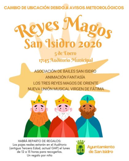 San Isidro, evento: CAMBIO de UBICACIÓN Cabalgata de Reyes Magos, con la asociación de bailes San Isidro, la Nueva Unión Musical 'Virgen de Fátima' y Sus Majestades con reparto de regalos, organizada por el Ayuntamiento