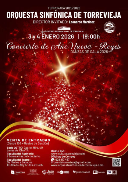 Torrevieja, evento cultural: Concierto de Año Nuevo y Reyes con valses, polkas, música española y danzas, por la Orquesta Sinfónica de Torrevieja, dentro de la programación cultural para el primer cuatrimestre de 2026 organizada por la Concejalía de Cultura