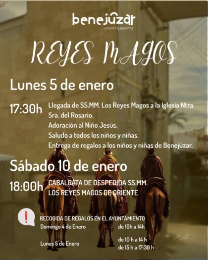 Benejúzar, evento: Llegada de Sus Majestades los Reyes Magos con entrega de regalos a los niños, dentro de la programación de actividades de Navidad y Reyes organizada por el Ayuntamiento