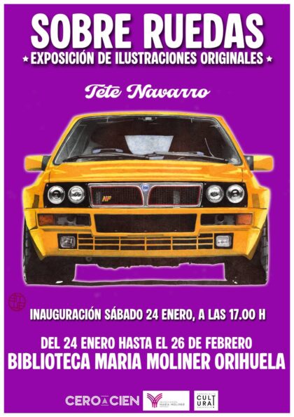 Orihuela, evento: Exposición única de ilustraciones originales de coches hiperrealistas 'Sobre ruedas', del artista oriolano Tete Navarro, organizada por la Biblioteca Municipal ‘María Moliner’