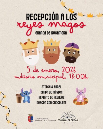 Granja de Rocamora, evento: Recepción a los Reyes Magos con 'Stitch & Angel', banda de música, reparto de regalos y roscón con chocolate, dentro de las actividades de la programación de Navidad 2025-2026 organizadas por el Ayuntamiento