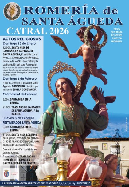 Catral, evento: Abierta al público la ermita de Santa Águeda, dentro de los actos de la Romería de Santa Águeda 2026 organizada por la asociación 'La replaseta' y el Ayuntamiento