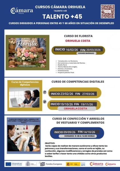 Cámara Orihuela amplía 2026 su cartera formativa para jóvenes y mayores de 45 años con cursos diseñados para encontrar trabajo en sectores con alta demanda