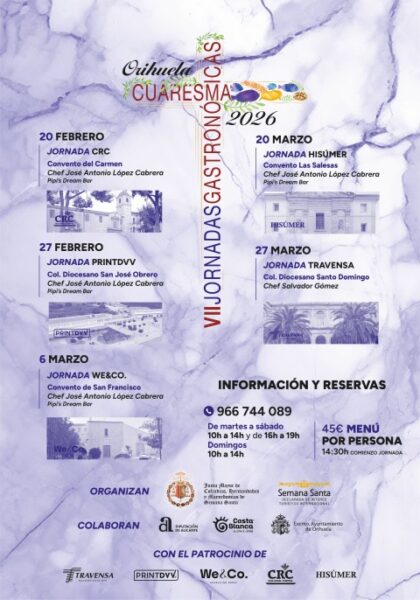 Orihuela, evento: Reservas para las VII Jornadas Gastronómicas de Cuaresma, organizadas por la Junta Mayor de Cofradías, Hermandades y Mayordomías de Semana Santa