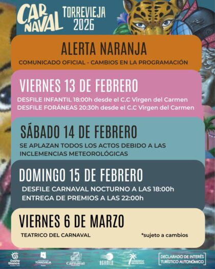 Torrevieja aplaza al domingo el desfile de Carnaval nocturno y al 6 de marzo el Teatrico