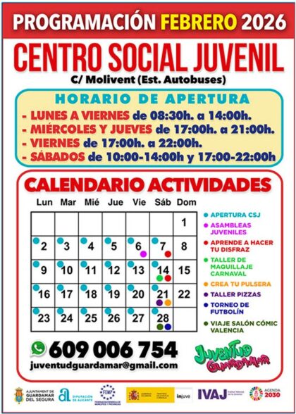 Guardamar del Segura, evento: Actividades del Centro Social Juvenil (CSJ) para jóvenes de 12 a 30 años, dentro de la agenda municipal de febrero del Ayuntamiento