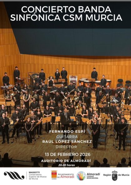 Almoradí, evento cultural: Concierto de la banda sinfónica del Conservatorio Superior de Música de Murcia 'Massotti', con el guitarrista Fernando Espí, dentro de la programación cultural de febrero de 2026 organizada por el Ayuntamiento