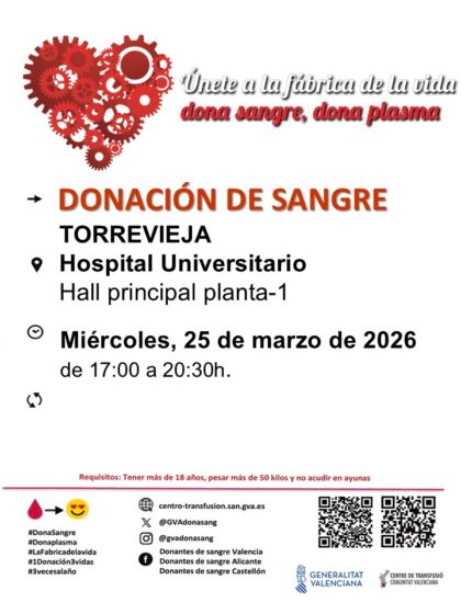 Torrevieja, evento: Donación de sangre, organizada por el Centro de Transfusiones de la Comunidad Valenciana