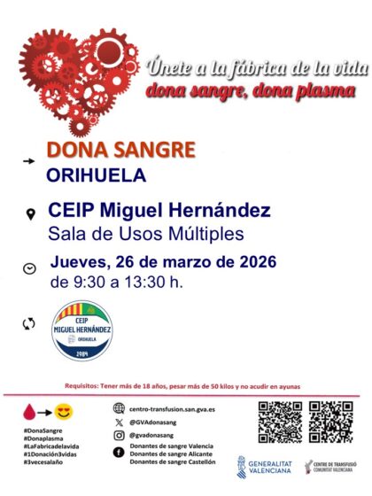 Orihuela, evento: Donación de sangre, organizada por el Centro de Transfusiones de la Comunidad Valenciana y el CEIP Miguel Hernández