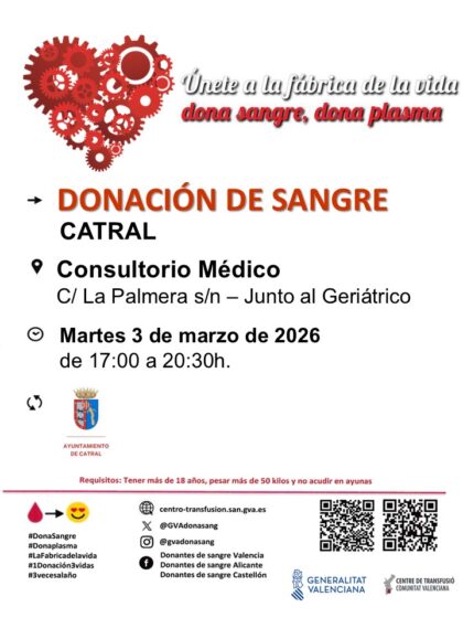 Catral, evento: Donación de sangre, organizada por el Centro de Transfusiones de la Comunidad Valenciana
