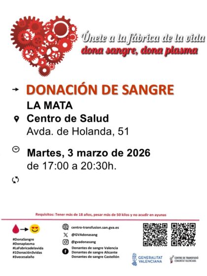 La Mata de Torrevieja, evento: Donación de sangre, organizada por el Centro de Transfusiones de la Comunidad Valenciana