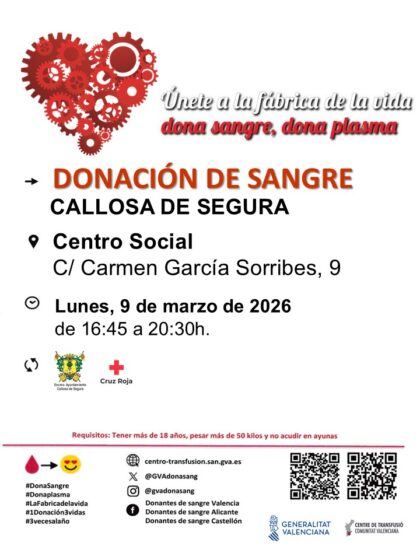 Callosa de Segura, evento: Donación de sangre, organizada por el Centro de Transfusiones de la Comunidad Valenciana