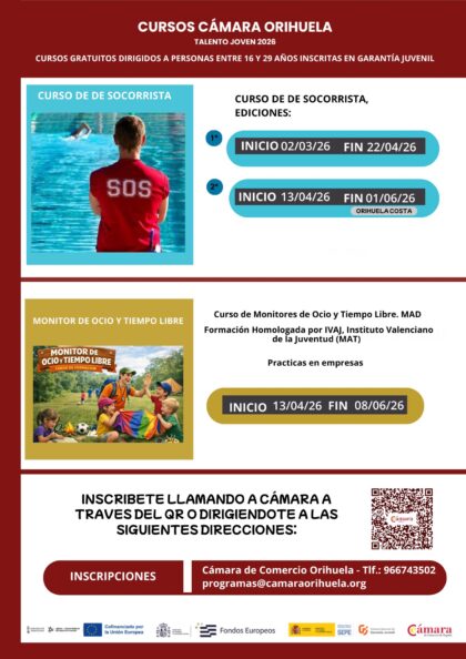 Orihuela Costa, evento: Inscripción al curso gratuito de 210 horas 'Socorrismo acuático' dirigido a jóvenes de 16 a 29 años, organizado por la Cámara de Comercio de Orihuela