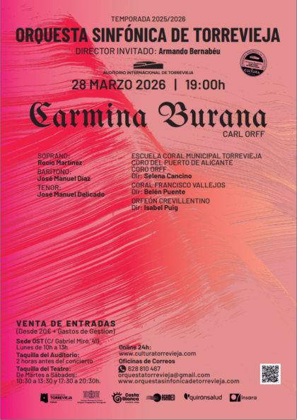 Torrevieja, evento cultural: Concierto 'Carmina Burana', de Carl Orff, por la Orquesta Sinfónica de Torrevieja (OST), dirigida por el director invitado, Armando Bernabéu, dentro de la programación cultural para el primer cuatrimestre de 2026 organizada por la Concejalía de Cultura