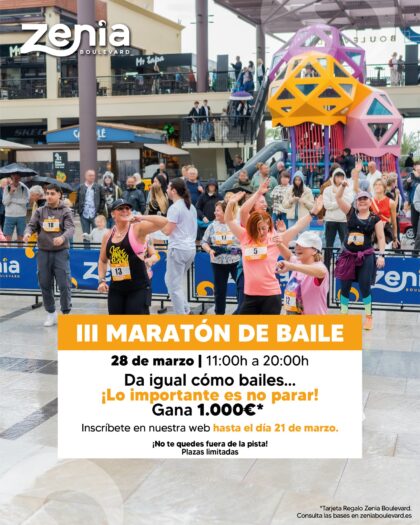 Orihuela Costa, evento: III Maratón de baile para edades de más de 16 años, dentro de los actos de marzo del Centro Comercial Zenia Boulevard