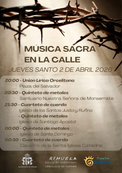 Orihuela, evento cultural: Actuación de música sacra por un quinteto de metales, dentro de los conciertos de música sacra en la calle organizados por la Concejalía de Turismo