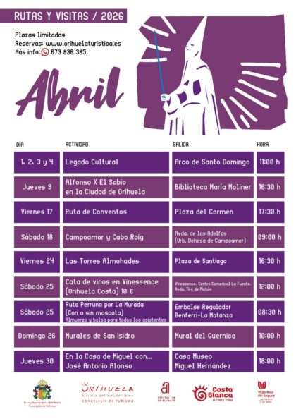 Orihuela, evento: Reservas para las rutas y visitas turísticas guiadas de abril, organizadas por la Concejalía de Turismo