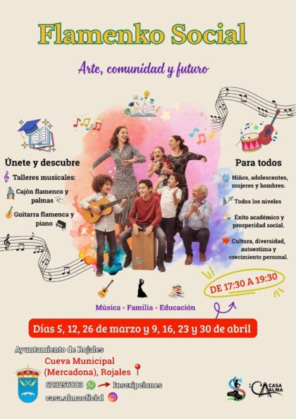 Rojales, evento: Iniciativa 'Flamenko social' con talleres musicales de cajón flamenco y palmas y de guitarra flamenca y piano, dentro de los actos de abril de la Concejalía de Cultura
