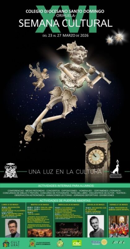 Orihuela, evento: Cena del hambre solidaria a beneficio de Manos Unidas, concierto 'Notas que rezan, melodías que emocionan', por 'Ensemble de flautas' de los conservatorios de Orihuela, Torrevieja y Almoradí, y representación de 'Peter Pan', dentro de los actos de la XVI Semana Cultural del Colegio Diocesano Santo Domingo