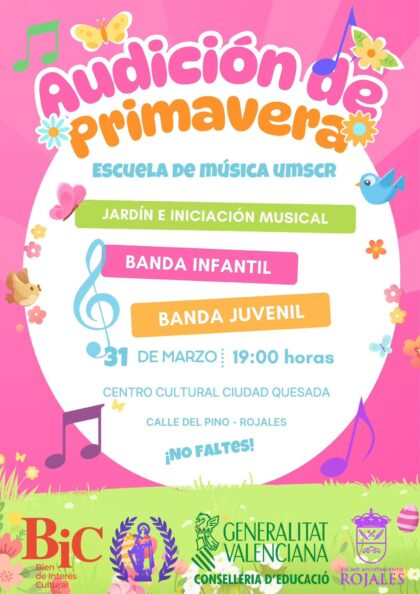 Rojales, evento cultural: Audición de Primavera por el grupo de jardín e iniciación musical y las bandas de infantil y juvenil de la escuela de música de la UMSCR, dentro de los actos de marzo de la Concejalía de Cultura