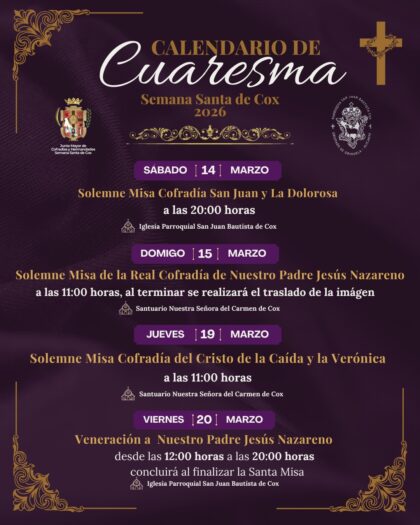 Cox, evento: Celebración de la misa de la Real Cofradía de Nuestro Padre Jesús Nazareno y traslado de la imagen, dentro de los actos de Cuaresma organizados por la Junta Mayor de Cofradías y Hermandades de Semana Santa