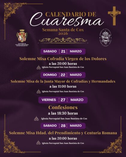 Cox, evento: Celebración de la misa de la Junta Mayor de Cofradías y Hermandades de Cox, dentro de los actos de Cuaresma organizados por la Junta Mayor de Cofradías y Hermandades de Semana Santa