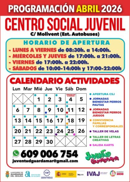 Guardamar del Segura, evento: Actividades del Centro Social Juvenil (CSJ) para jóvenes de 12 a 30 años, dentro de la agenda municipal de abril del Ayuntamiento