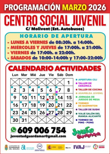 Guardamar del Segura, evento: Actividades del Centro Social Juvenil (CSJ) para jóvenes de 12 a 30 años, dentro de la agenda municipal de marzo del Ayuntamiento