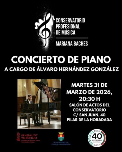 Pilar de la Horadada, evento cultural: Concierto de piano, a cargo del antiguo alumno del Conservatorio Profesional de Música 'Mariana Baches', Álvaro Hernández, organizado por el mismo conservatorio y el Ayuntamiento