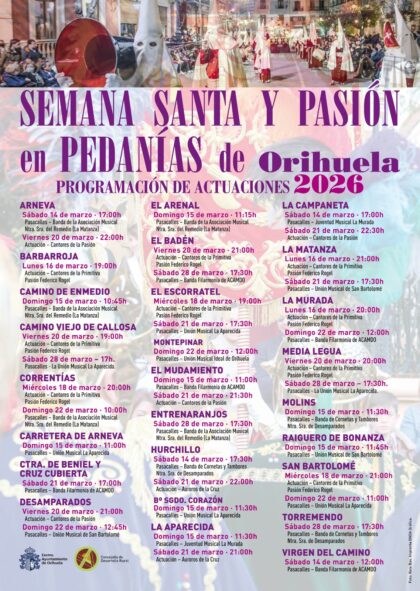 El Mudamiento de Orihuela, evento cultural: Pasacalles de la banda Filarmonía de Orihuela de la asociación ACAMDO, dentro de la programación de 'Semana Santa y Pasión en pedanías' de la Concejalía de Desarrollo Rural