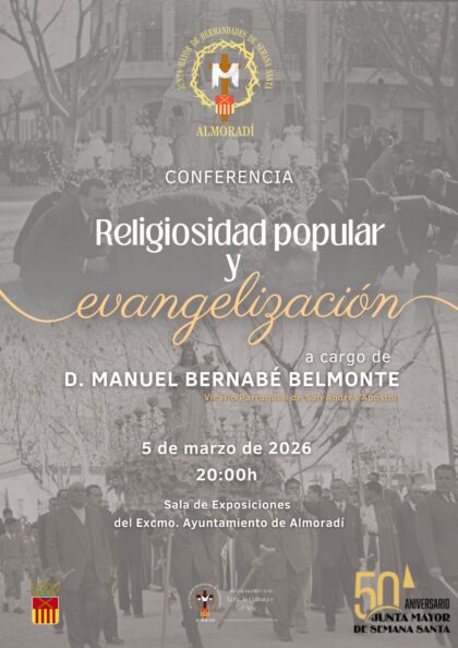 Almoradí, evento: Conferencia 'Religiosidad popular y evangelización', por Manuel Bernabé, dentro de los actos de Cuaresma organizados por la Junta Mayor de Hermandades y Cofradías de Semana Santa y Concejalía de Fiestas