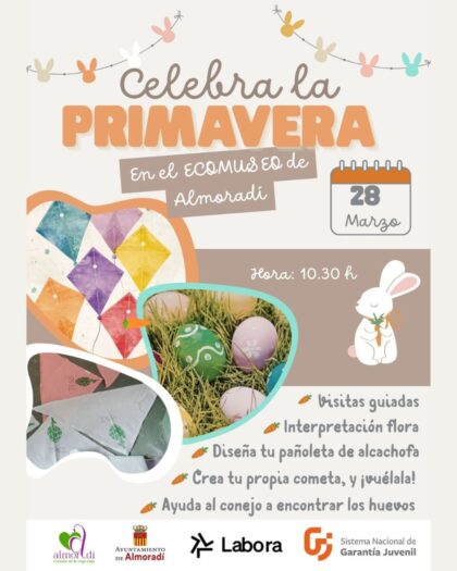 Almoradí, evento: Celebración de la primavera en familia con visitas guiadas al Ecomuseo y otras actividades, como interpretación de flora, diseños de pañoleta de alcachofa, creación de la propia cometa y búsqueda de huevos con el conejo de Pascua, organizada por la Concejalía de Turismo
