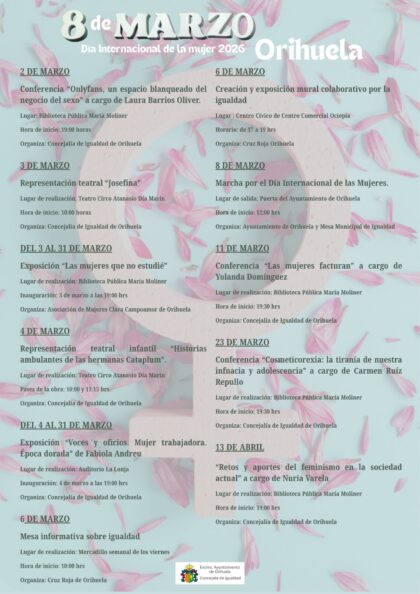 Orihuela, evento: Representación de la obra teatral 'Josefina', de Oriol Pamies y con Natalia Zamora, para alumnado de ESO y Bachillerato y público, dentro de los actos del Día Internacional de la Mujer, el 8M, organizados por la Concejalía de Igualdad Orihuela, evento: Representación de la obra teatral 'Josefina', de Oriol Pamies y con Natalia Zamora, para alumnado de ESO y Bachillerato y público, dentro de los actos del Día Internacional de la Mujer, el 8M, organizados por la Concejalía de Igualdad