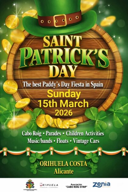 Orihuela Costa, evento: Desfile de Saint Patrick's Day, con animación, bandas, actividades para niños, carrozas, música, bailes, coches clásicos, organizado por la asociación 'Saint Patrick’s Day Parade Cabo Roig'