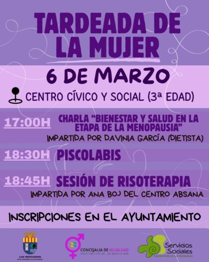 Los Montesinos, evento: Charla 'Bienestar y salud en la etapa de la menopausia', por la dietista Davinia García, en la tardeada de la mujer, dentro de los actos del Día Internacional de la Mujer, el 8M