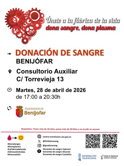 Benijófar, evento: Donación de sangre, organizada por el Centro de Transfusiones de la Comunidad Valenciana