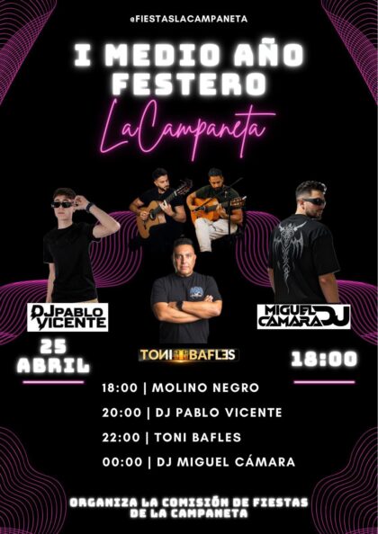 La Campaneta de Orihuela, evento: Tardeo con música en directo y djs, dentro de los actos del I Medio Año Festero organizados por la Comisión de Fiestas La Campaneta de Orihuela, evento: Tardeo con música en directo y djs, dentro de los actos del I Medio Año Festero organizados por la Comisión de Fiestas