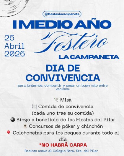 La Campaneta de Orihuela, evento: Día de convivencia con misa, comida, bingo a beneficio de la Fiesta del Pilar, concursos de póker y chinchón y colchonetas, dentro de los actos del I Medio Año Festero organizados por la Comisión de Fiestas
