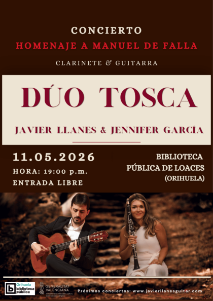 Orihuela acogerá en mayo un concierto de la clarinetista Jennifer García y el guitarrista Javier Llanes como homenaje a Manuel de Falla
