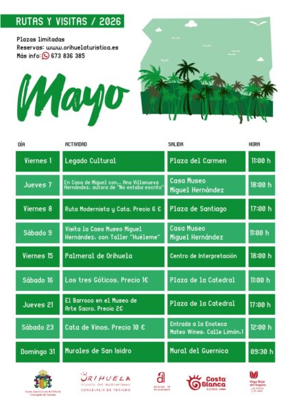 Orihuela, evento: Reservas para las rutas y visitas turísticas guiadas de mayo, organizadas por la Concejalía de Turismo