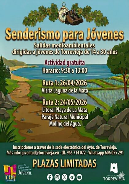 Torrevieja, evento: Inscripción a la ruta gratuita por el Litoral y el Molino del Agua con recorrido por la costa de la playa de La Mata y el Paraje Natural Municipal, dentro de las rutas de senderismo para jóvenes de 14 a 30 años organizadas por la Concejalía de Juventud