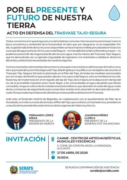 Pilar de la Horadada, evento: Acto de defensa del Trasvase Tajo-Segura y de rechazo al Plan del Tajo con la presencia de los presidentes de las comunidades autónomas de la Comunitat Valencia y de la Región de Murcia, Juan Francisco Pérez Llorca y Fernando López Miras, organizado por el Sindicato Central de Regantes del Acueducto Tajo-Segura (SCRATS)