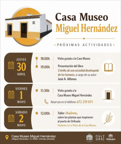 Orihuela, evento cultural: Presentación del libro 'Crónika de una sociedad desokupada de lo humano', por su autor José A. Alfonso, en el ciclo de encuentros literarios 'En casa de Miguel con...', dentro de los actos organizados por la Concejalía de Cultura y la Casa Museo Miguel Hernández con la colaboración de la Fundación Cultural Miguel Hernández Orihuela, evento cultural: Presentación del libro 'Crónika de una sociedad desokupada de lo humano', por su autor José A. Alfonso, en el ciclo de encuentros literarios 'En casa de Miguel con...', dentro de los actos organizados por la Concejalía de Cultura y la Casa Museo Miguel Hernández con la colaboración de la Fundación Cultural Miguel Hernández