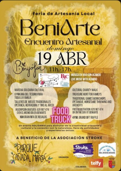 Benijófar, evento: Encuentro artesanal solidario 'BeniArte' con feria de artesanía local, 'food truck', talleres gratuitos de juegos tradicionales y de artesanía y música de la asociación ACAMDO, organizado por la asociación de ictus y daño cerebral 'Stroke association' y la asociación artístico artesanal 'Cuevas de Rojales'